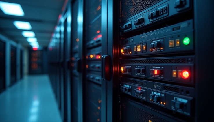 Eye-level view of an Oracle database server rack with blinking status lights