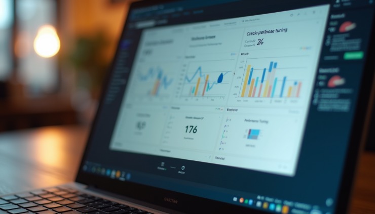 Close-up view of a laptop screen displaying Oracle performance tuning dashboard