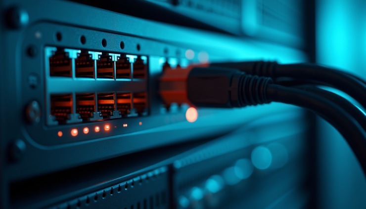 Close-up view of a network switch connecting multiple servers