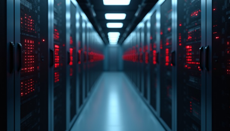 Eye-level view of a server room with Oracle database servers