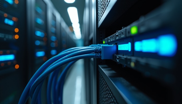 Eye-level view of a server rack with network cables connected, illustrating Oracle RAC cluster infrastructure