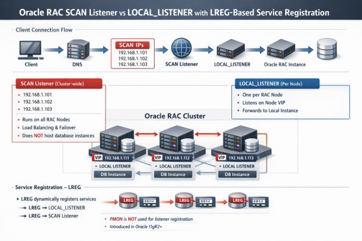 Flowchart of Oracle RAC SCAN vs LOCAL_LISTENER. Shows client connections, SCAN IPs, Oracle RAC cluster setup, and LREG service registration.