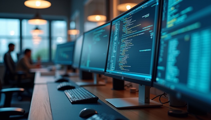 Eye-level view of a modern office workstation with multiple monitors displaying database management software