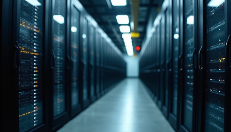 Eye-level view of a server rack in a data center