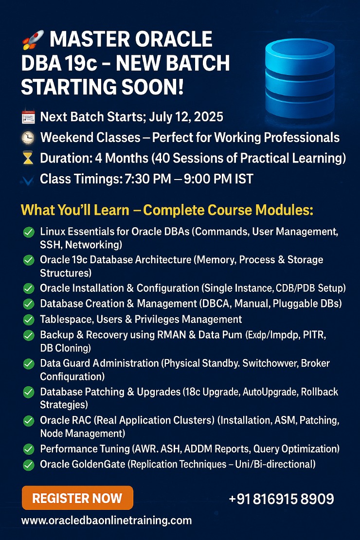 Oracle DBA 19c training. Details include start date, class timings, course modules, contact info, and registration button.