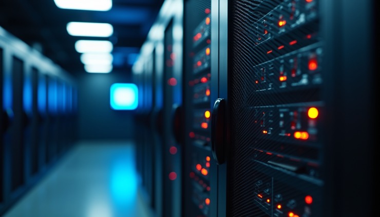 Close-up view of a server rack with blinking lights in a data center