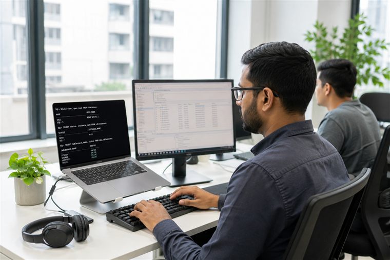 DBA working on a SQL terminal at a modern workstation