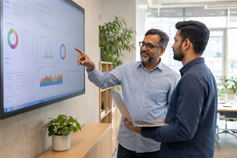Senior DBA mentoring a colleague at a performance dashboard